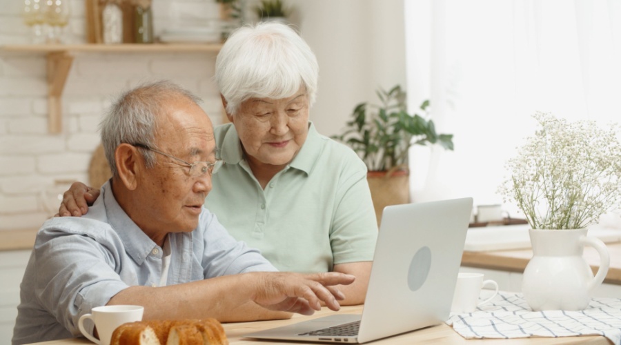 Elder couple looking at laptop